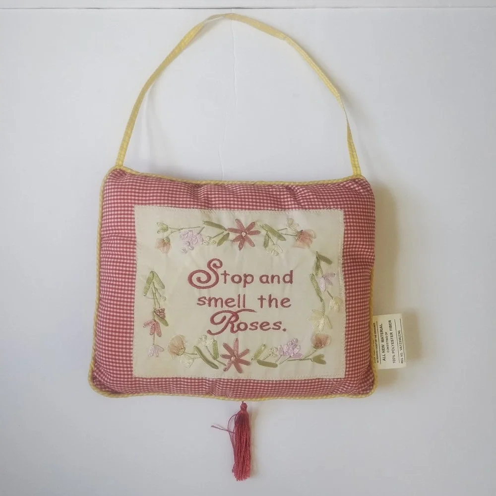 J.D. Yeatts & Son Hanging Pillow Small Red Gingham Embroidered Roses Cottagecore